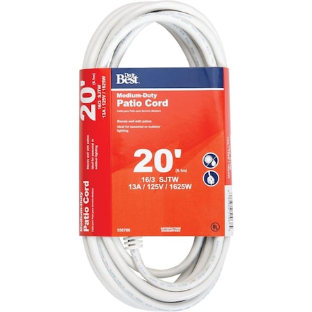 All-Source SJTW Extension Cord, 16 AWG, Outdoor, 16/3, 1 Outlets, White, 20 ft OU-JTW163-20X-WH